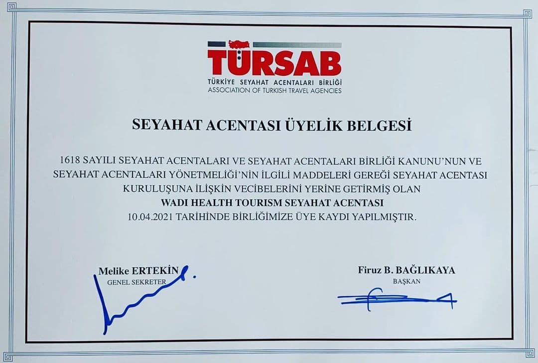 TÜRSAB travel agency membership certificate for Wadi Health Tourism