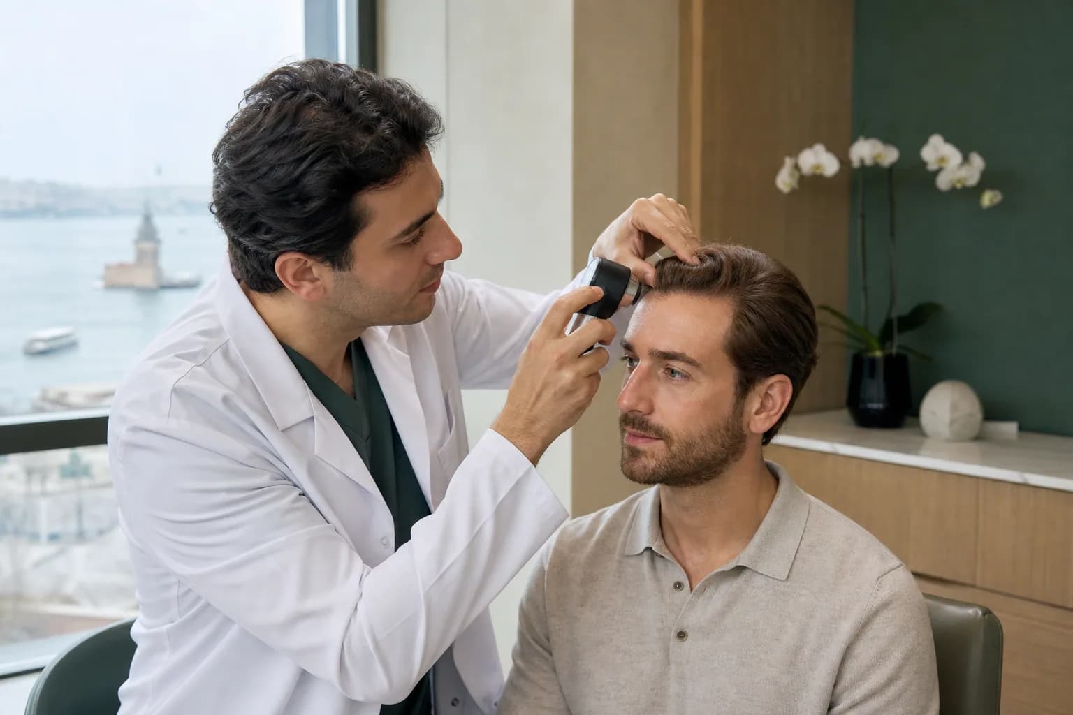 A calm clinical consultation related to Hair restoration