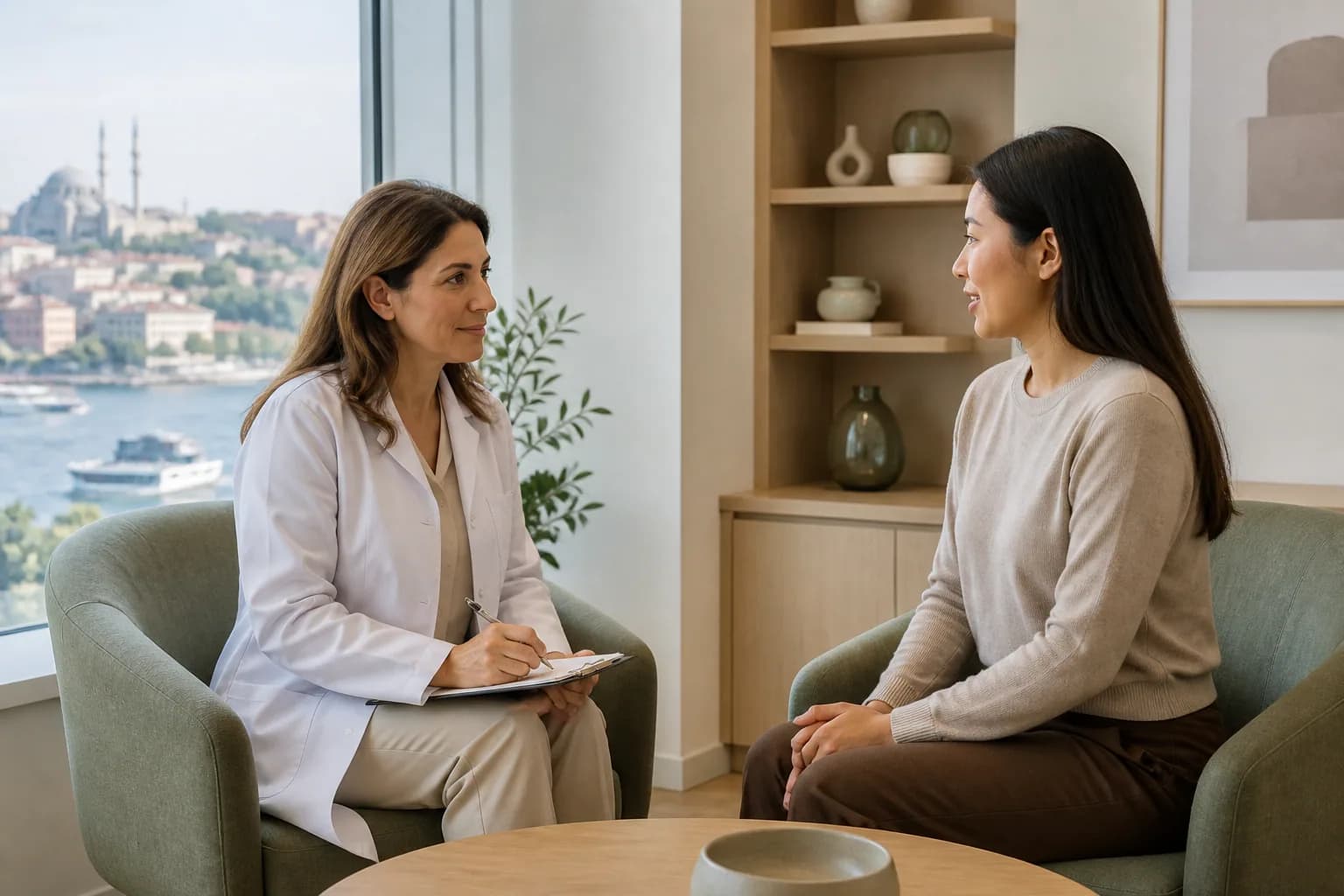 A calm clinical consultation related to Cosmetic gynecology