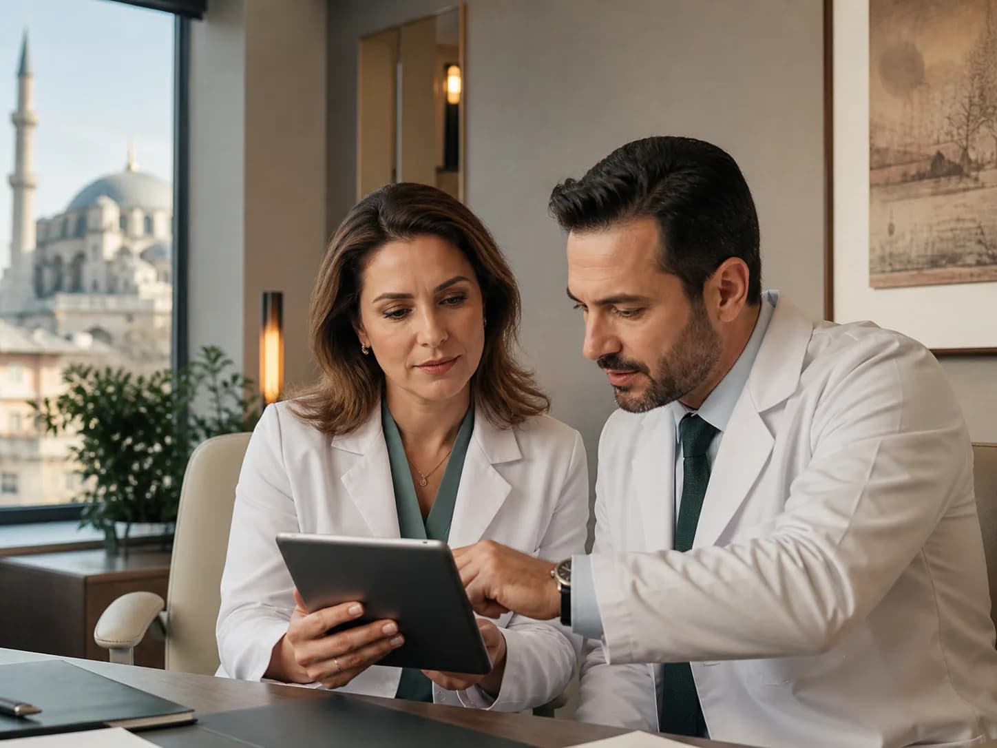 Two physicians reviewing patient information together in a contemporary Istanbul clinic