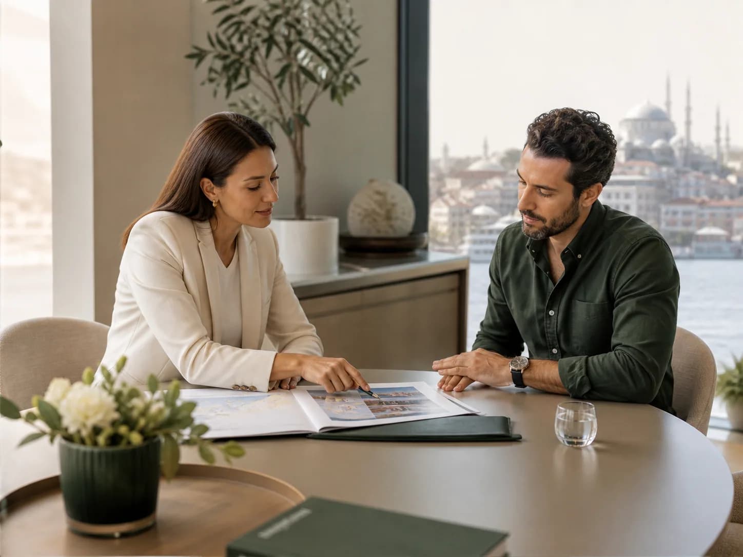 A patient and coordinator reviewing a clear appointment and travel plan together